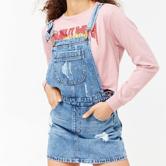 Forever 21 Dresses & Skirts - F21 Distressed Denim Overall Jumper Dress Pockets Light Blue MIni Size M